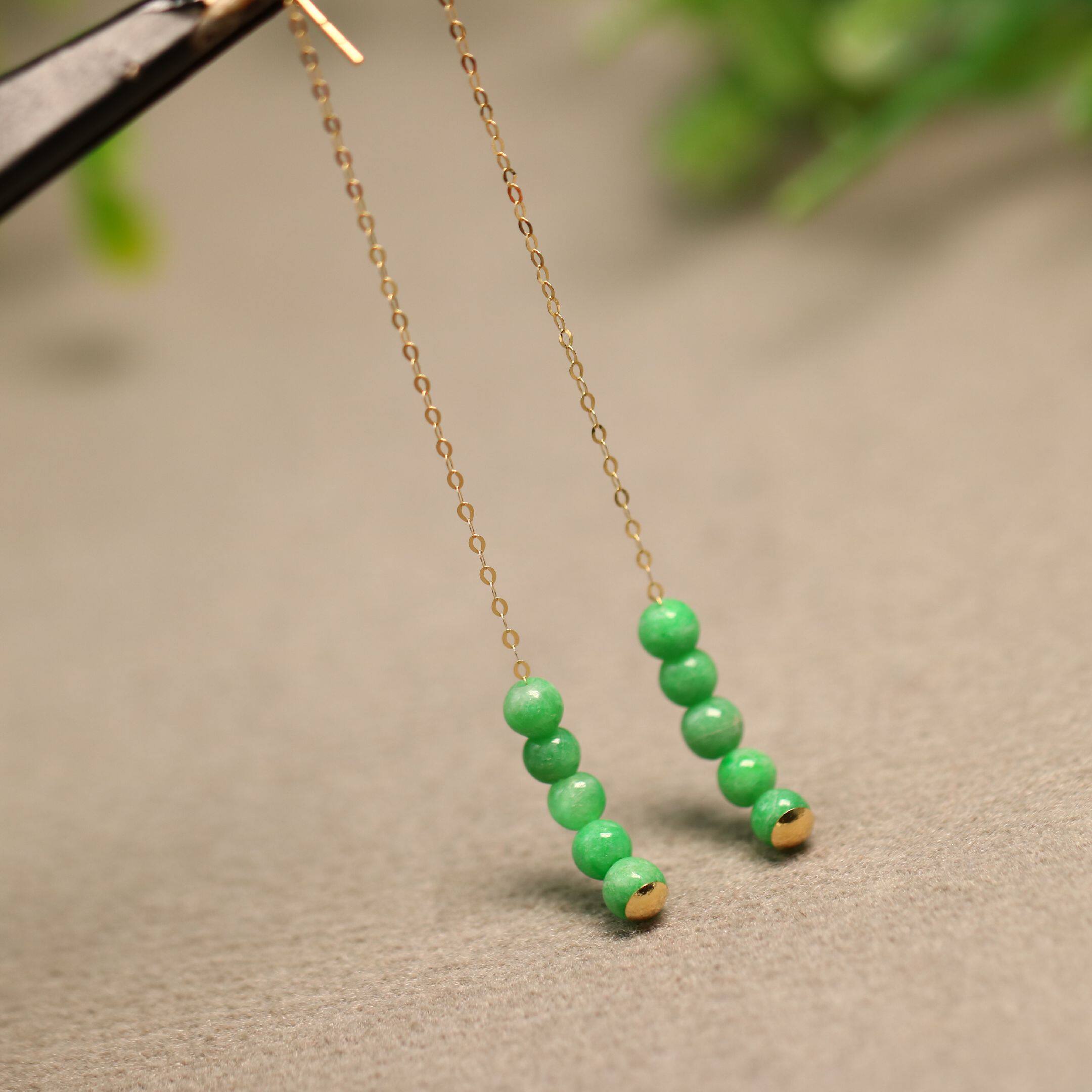 #E582一对18K金镶嵌满色阳绿天然A货翡翠小圆珠子耳坠耳线款