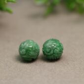 一对10.8MM满绿天然A货翡翠团寿龙纹雕花圆珠子 