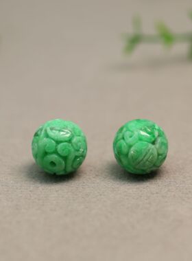 #G951一对阳绿天然A货翡翠团寿龙纹雕花珠子 佛珠顶珠腰珠