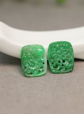 #K438一对冰种满绿缅甸天然A货翡翠镂空梅花方形雕花耳坠花片