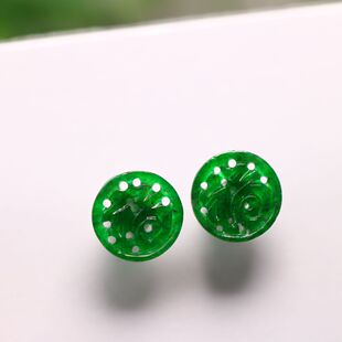 镶嵌耳钉裸石 B455一对老坑满色辣绿天然A货翡翠镂空小圆福字
