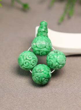 #H445满绿天然A货翡翠三通佛头 团寿龙纹雕花珠子三通