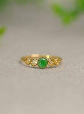 #J454 18K金镶嵌冰种阳绿缅甸天然A货翡翠蛋面古钱币纹时尚女戒