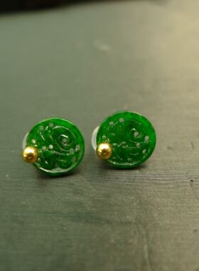 #G663 18K金耳针镶嵌冰种满绿天然A货翡翠镂空福字耳钉耳饰