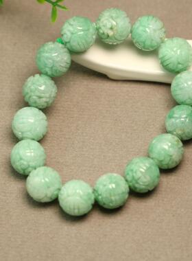 #H155一串绿色天然A货正品货翡翠团寿龙纹雕花珠子手串手链