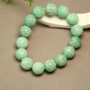 #H155一串绿色天然A货正品货翡翠团寿龙纹雕花珠子手串手链