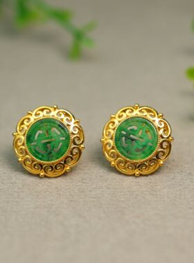 #0486 S925银镀金镶嵌满绿缅甸天然A货翡翠镂空圆形团寿纹耳钉