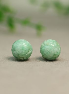 #K570一对糯种绿色缅甸天然A货翡翠雕花珠子12.5MM圆珠佛珠顶珠