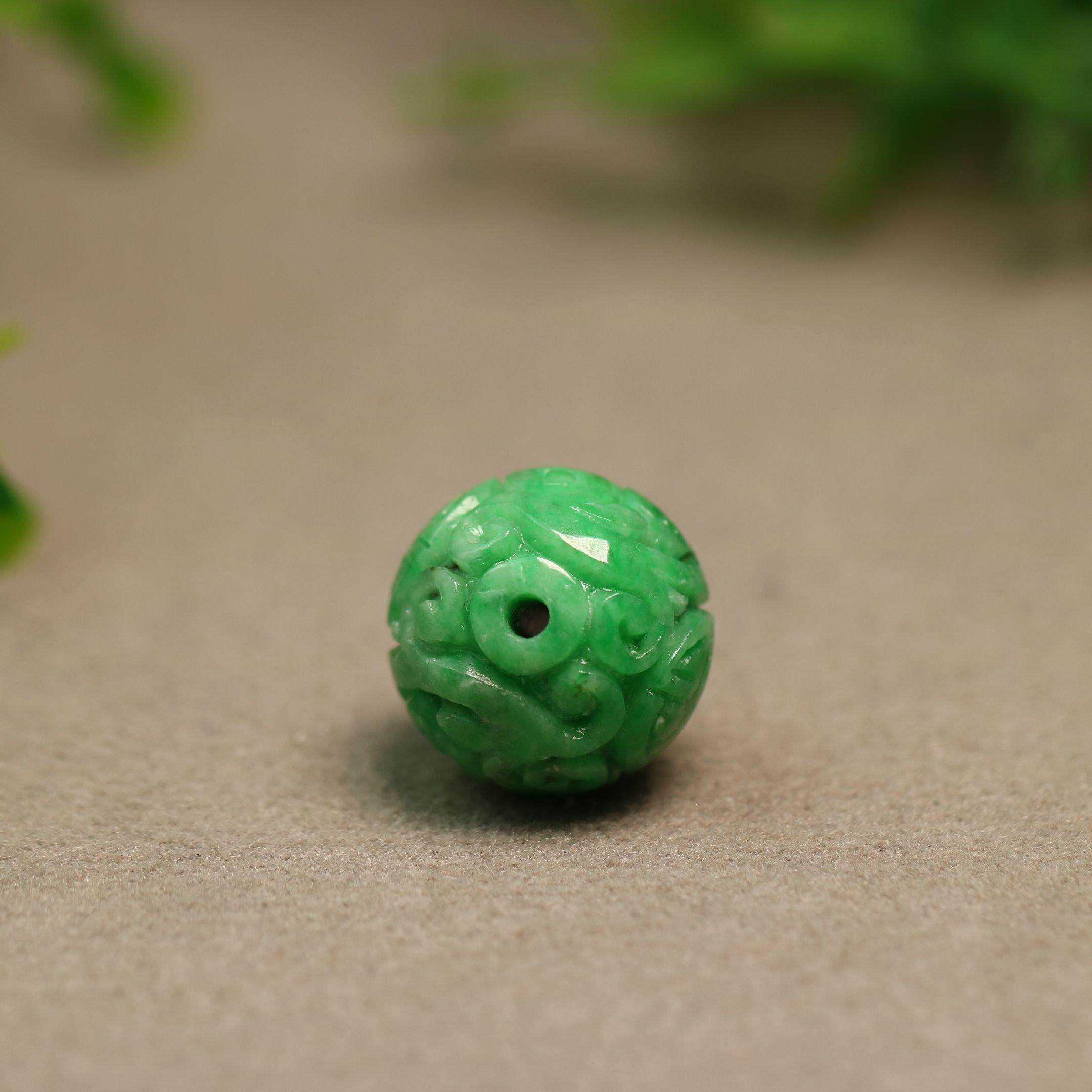 e700 16mm满绿天然a货翡翠团寿龙纹雕花大圆珠子佛珠顶珠