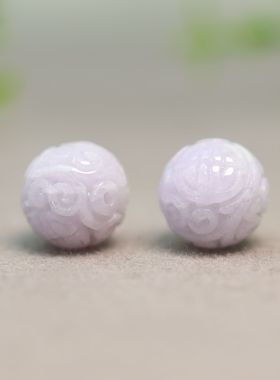 #I349一对淡紫色天然A货翡翠团寿龙纹雕花圆形珠子 14MM佛珠顶珠