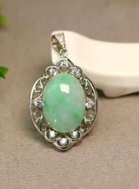 #H336 糯底飘阳绿天然A货翡翠椭圆形大蛋面吊坠挂坠 S925银镶嵌