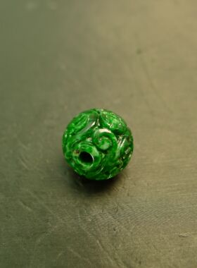 #J516满绿缅甸天然A货翡翠团寿龙纹雕花珠子 15MM圆珠顶珠佛珠