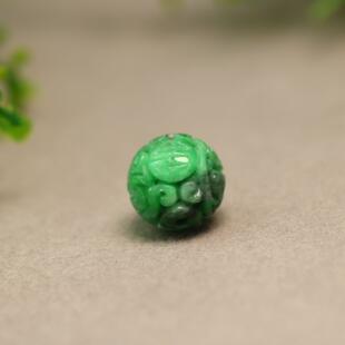 满绿天然A货老翡翠雕花珠子 14.5MM团寿龙纹圆珠 H368