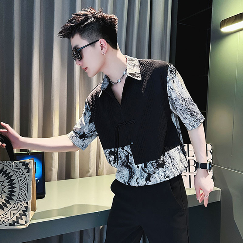 雷迪波尔官方夏季拼接衬衫男短袖潮牌新中式男装冰丝衬衣新款男士