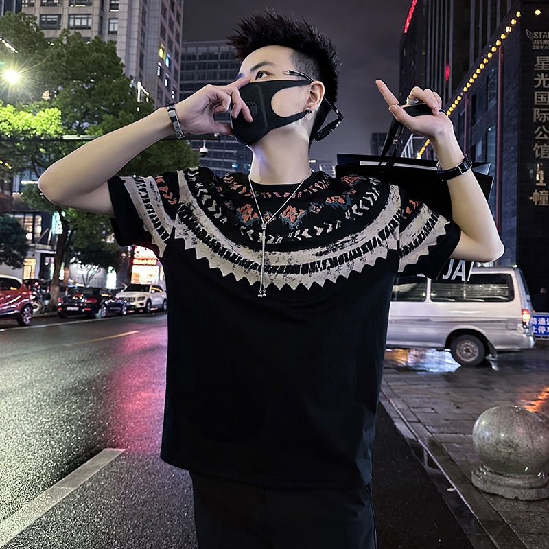 雷迪波尔官方高级感撞色印花T恤男新款夏季潮牌痞帅短袖男士潮流