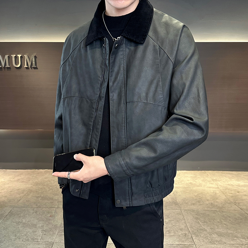 雷迪波尔官方拼色翻领皮衣外套男痞帅潮牌潮流短款复古高级感老钱