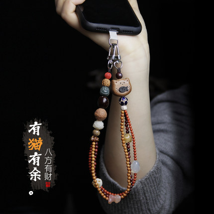 原创手工编织菩提手机挂绳手腕短款女士吊绳双扣猫咪檀木文艺复古