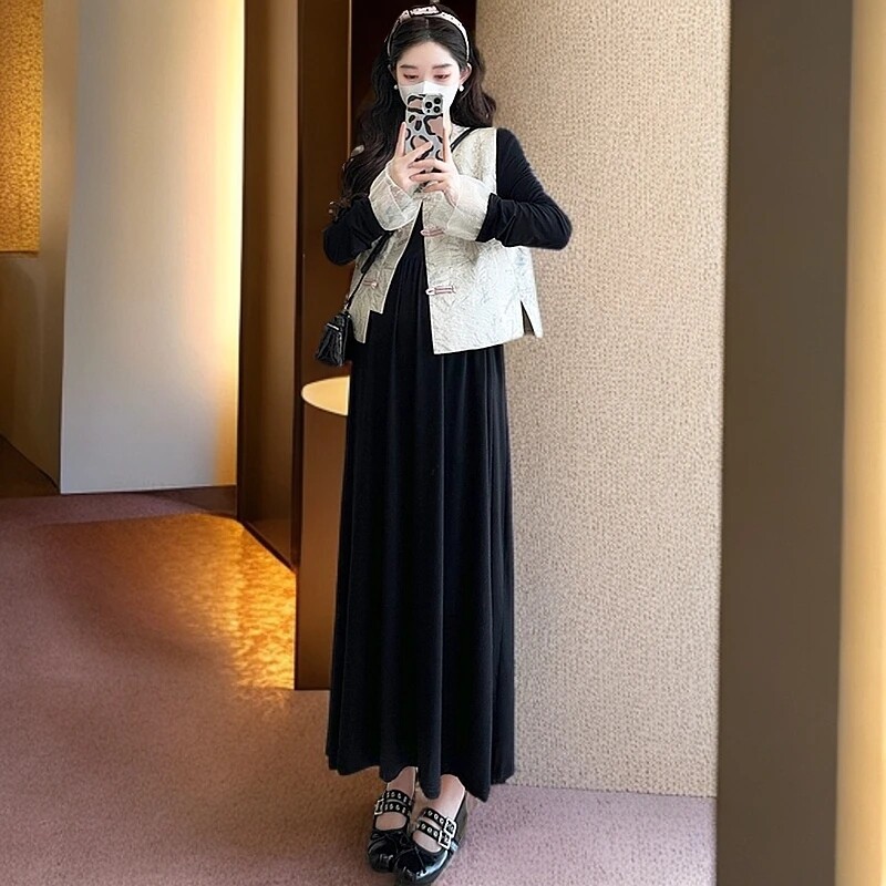 新中式孕妇2025春秋季设计感提花马甲设计感蕾丝拼接连衣裙两件套