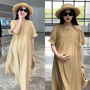 慵懒风短袖高级感宽松显瘦褶皱长裙气质裙子2026夏季孕妇连衣裙女