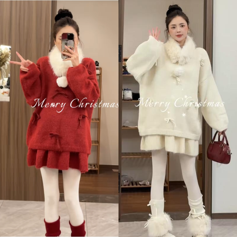 孕妇秋冬套装新款时尚蝴蝶结毛衣搭配围脖无托腹裙子2025年韩版女