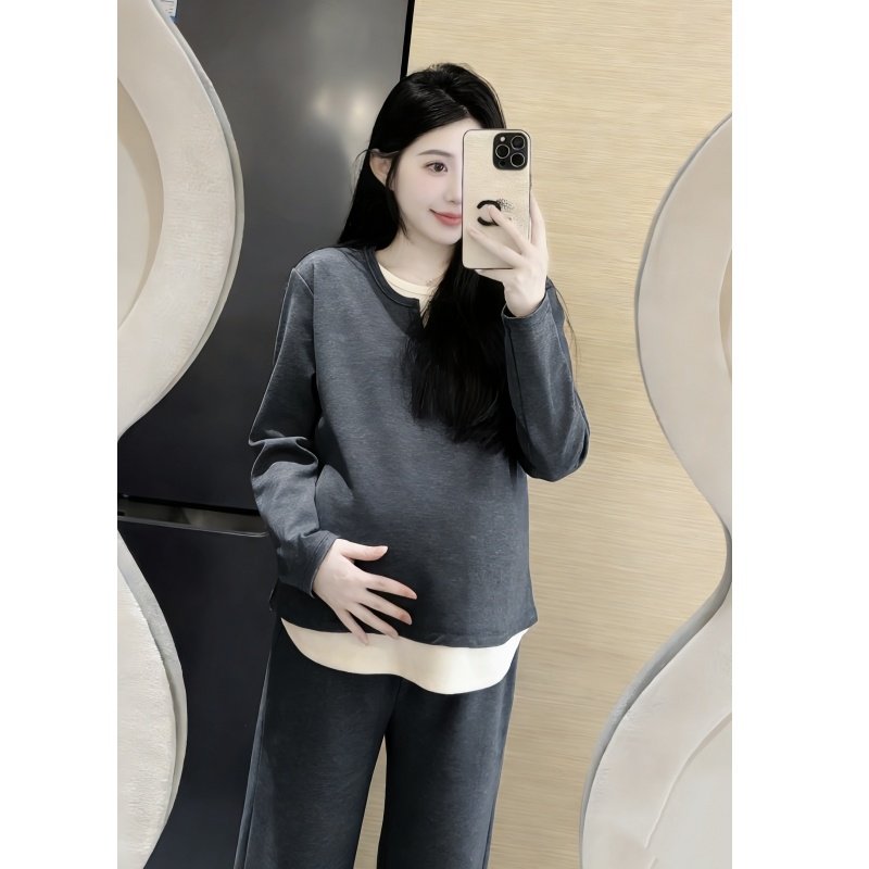 慵懒风设计感简约假两件上衣猪鼻扣可调节阔腿裤2026孕妇春秋套装