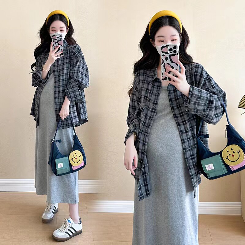 2025春秋款孕妇装套装设计感宽松长袖格子衬衫休闲背心裙两件套女