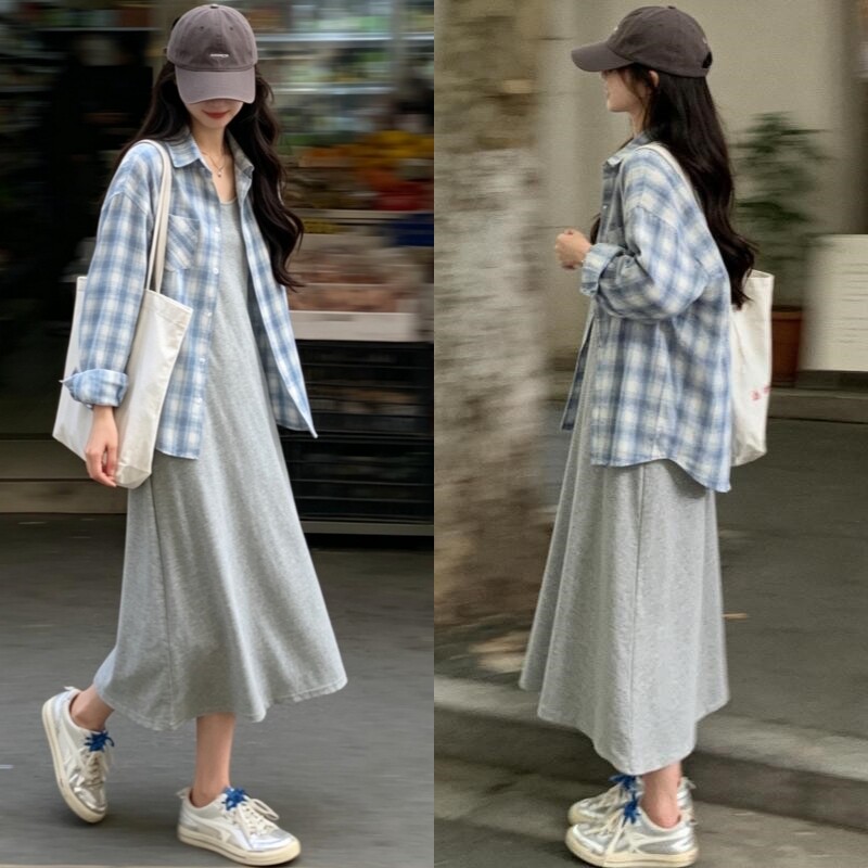 夏季孕妇韩版格子衬衫背裙两件套