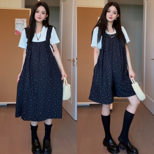 夏季孕妇套装大码遮肚短袖上衣宽松阔腿碎花背带裤2026年韩版女