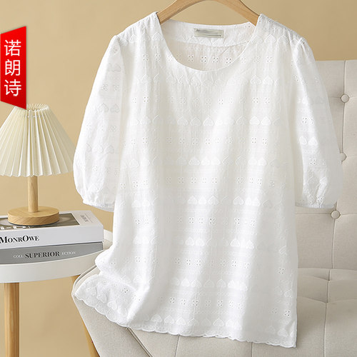 时尚大码蕾丝镂空休闲白色小衫薄