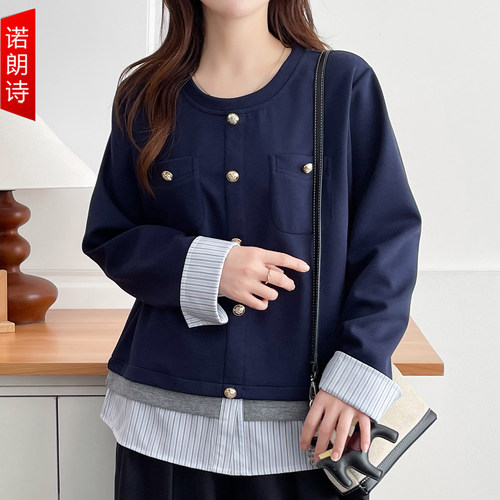 200斤胖mm洋气假两件休闲卫衣秋