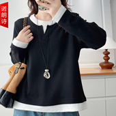 2025秋冬加绒加厚极简风打底衫 上衣 假两件设计长袖 女胖mm大码 女装