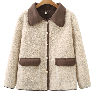 大码女装春冬款羊羔毛外套女新款撞色翻领高级感珍珠扣棒球服上衣