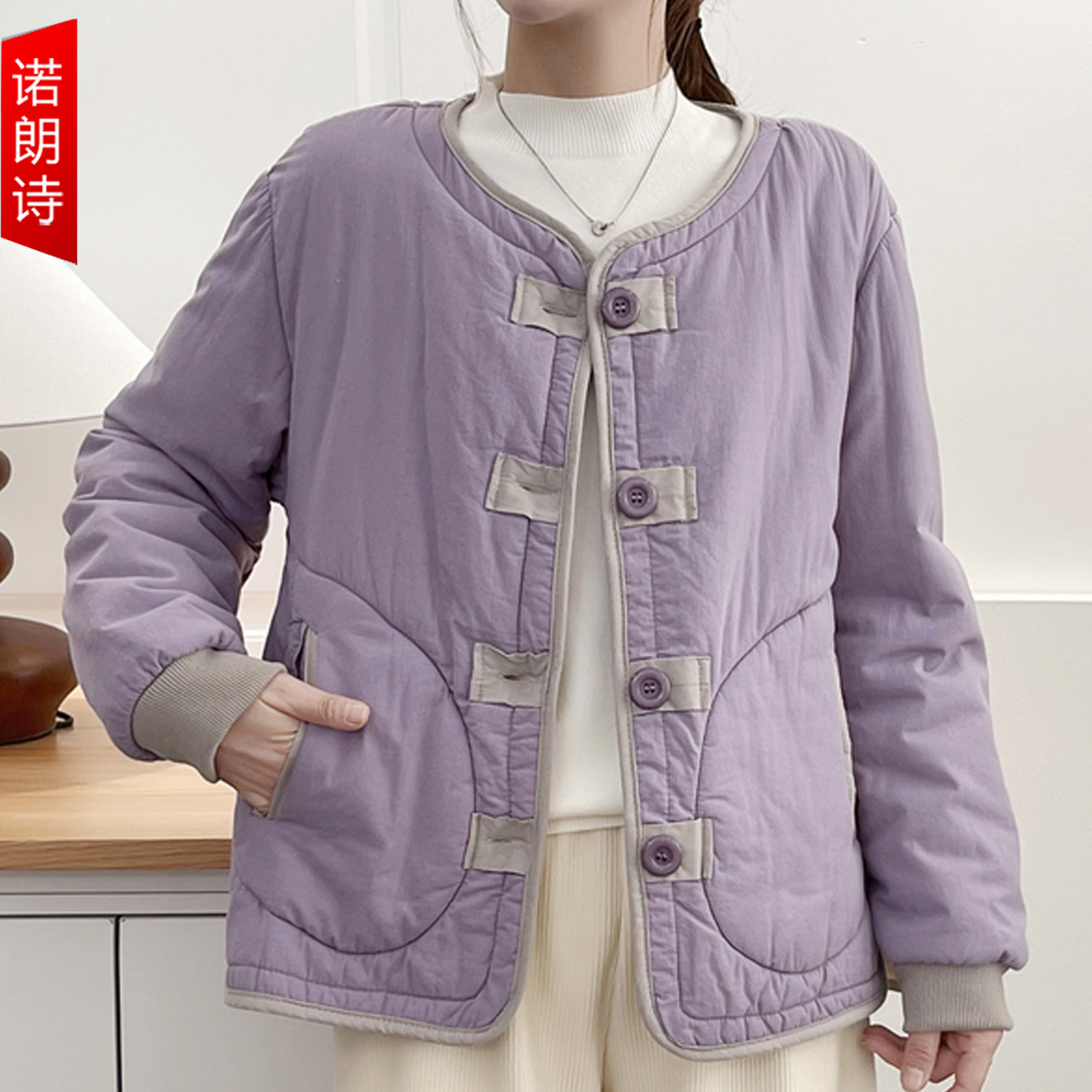 大码女装纽扣撞色保暖棉服外套女