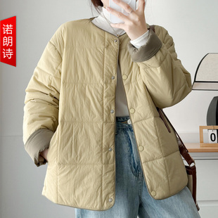棉服无领休闲百搭时尚 胖mm韩版 保暖夹棉外套流行面包服冬 女装 大码