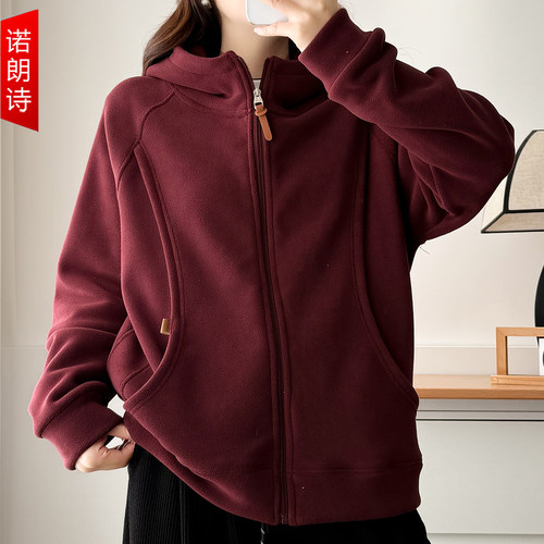 胖mm大码颗粒绒连帽卫衣拉链外套