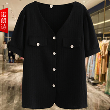 黑色短袖小香风衬衫外套200斤胖mm时尚洋气大码显瘦V领女装上衣潮