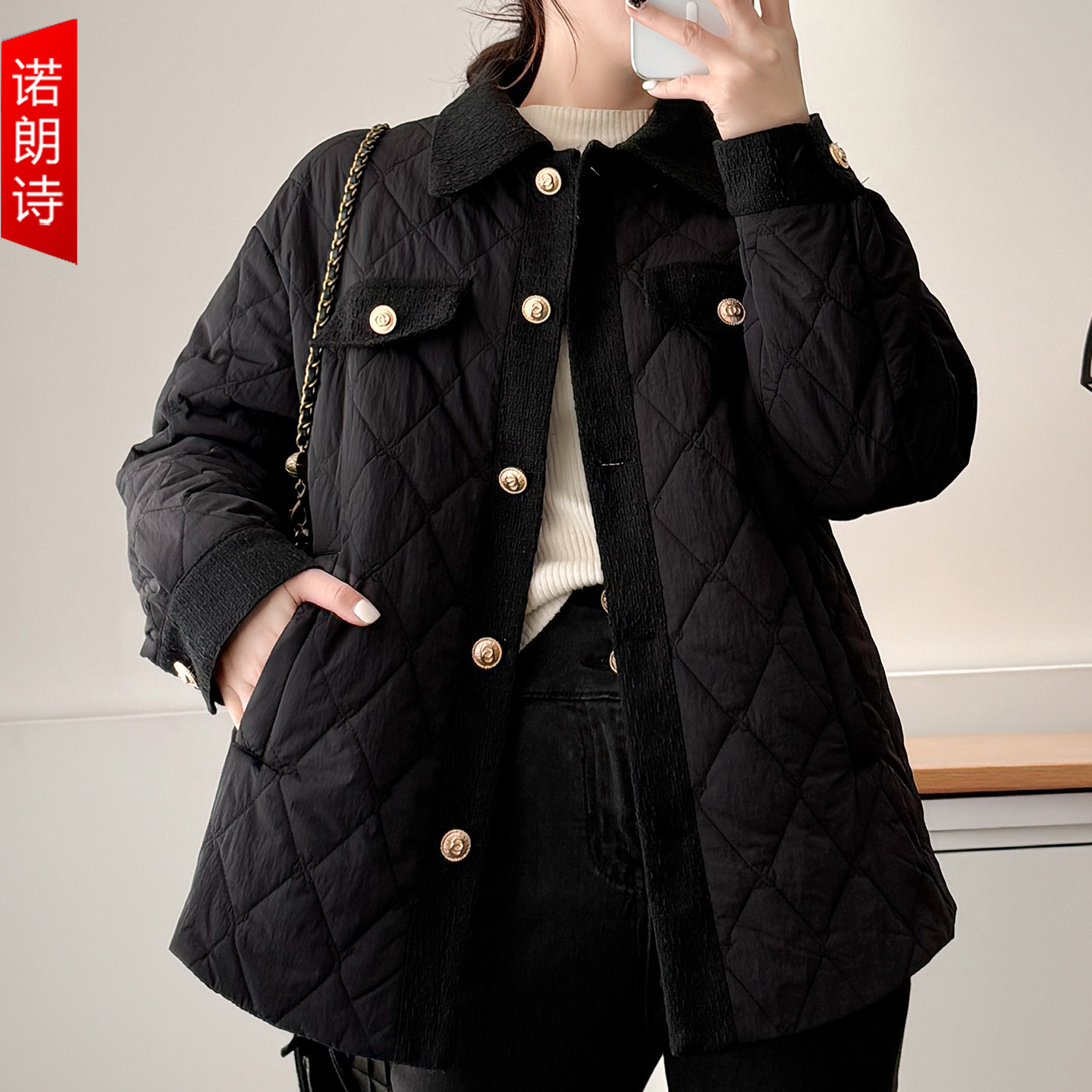 菱格洋气大码棉服胖mm小香风时尚翻领棉衣保暖宽松显瘦夹棉外套女,女装/女士精品,大码棉服,淘宝优惠券,粉丝福利购,淘宝优惠卷