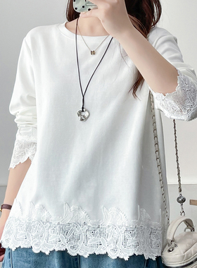 时尚流行设计感蕾丝长袖T恤胖mm秋季圆领打底衫大码遮肉显瘦上衣