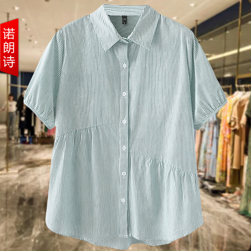 大码设计感竖条纹短袖衬衫女夏薄