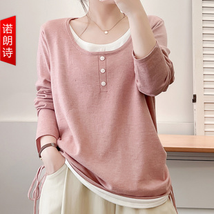 抽绳收腰撞色针织衫 假两件显瘦上衣加肥加大200斤毛线衣 胖mm秋季