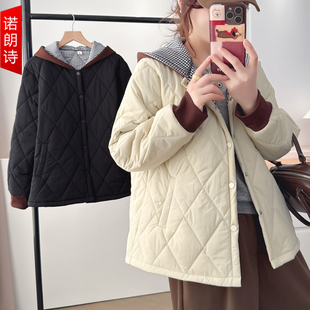 2025冬季 胖mm夹棉外套通勤百搭棉服女 菱格连帽棉衣宽松遮肚子大码