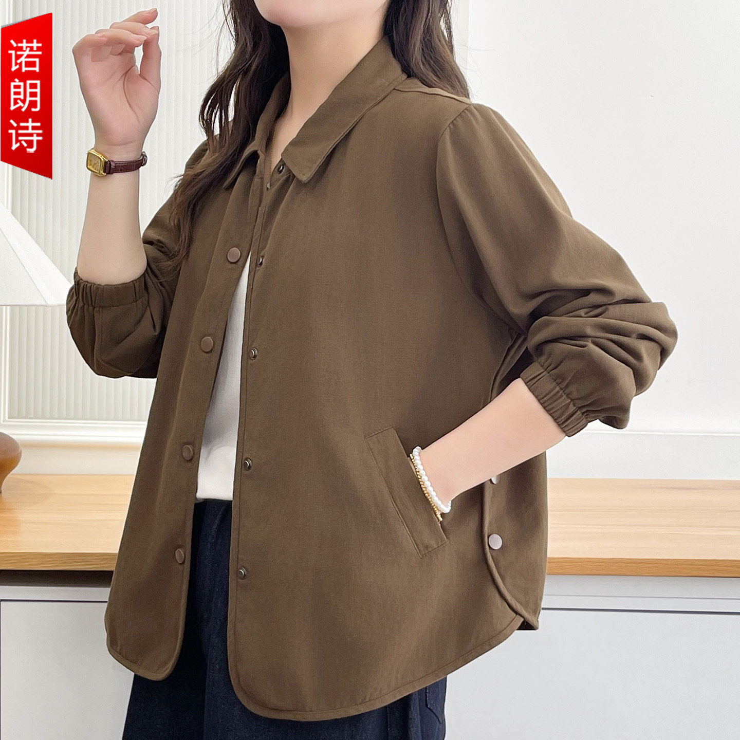 胖mm洋气翻领外套单排扣斜插口袋遮肉夹克开衫宽松显瘦大码女装秋