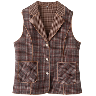 加肥加大妈妈装老太太格子马甲上衣中老年休闲坎肩西装领无袖外套