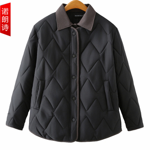 棉衣外套 宽松显瘦百搭爆款 黑色菱格翻领棉服胖mm2025秋冬大码 女装