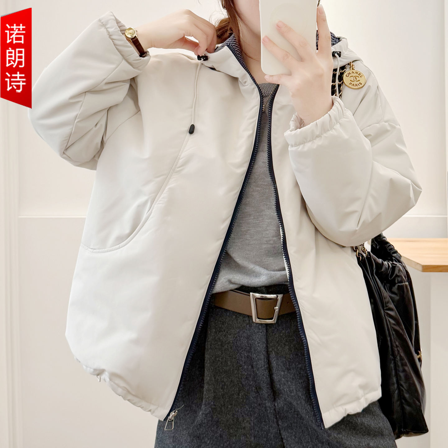 大码休闲连帽格子时尚保暖棉服女