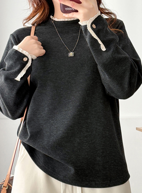 2025秋冬大码女装拼接花边领加绒打底衫胖mm遮肚显瘦长袖T恤上衣