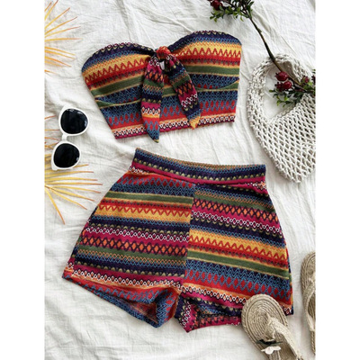 U 94872 Corset High Waist Texture Shorts Set 紧身胸衣高腰短