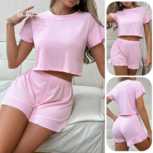 菲韵跨境女士休闲家居服套装粉色短款露脐短袖短裤两件套睡衣773