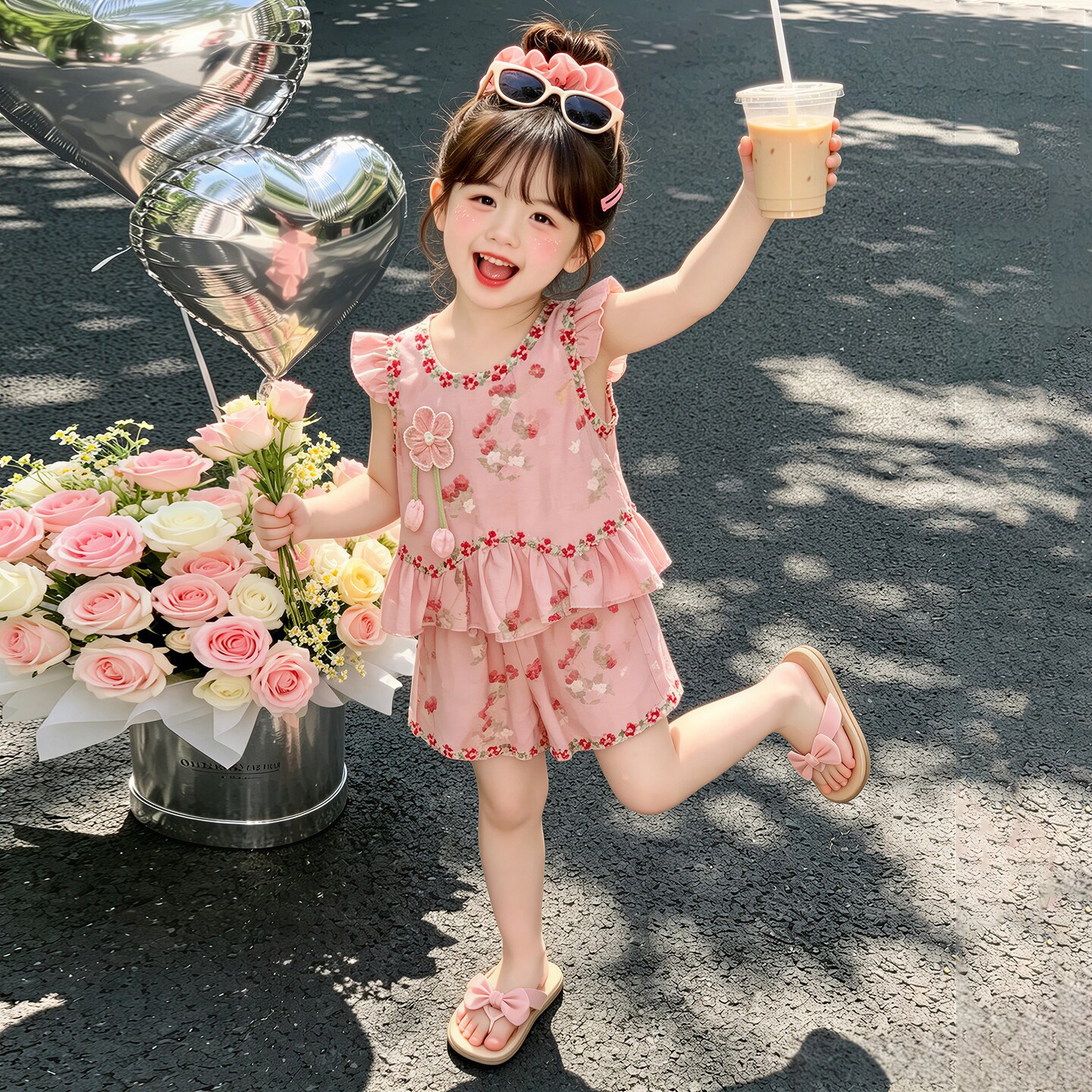 女童夏季花边飞袖娃娃衫短裤套装2026新款碎花背心两件套花朵印花
