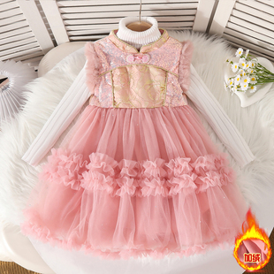 女童加绒国风连衣裙2025新款儿童公主裙女孩粉色背心裙旗袍礼服裙